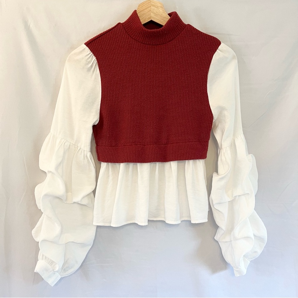 By Anthropologie Layered Sweater Vest Embroidered Sleeves Peplum Top Size XXS